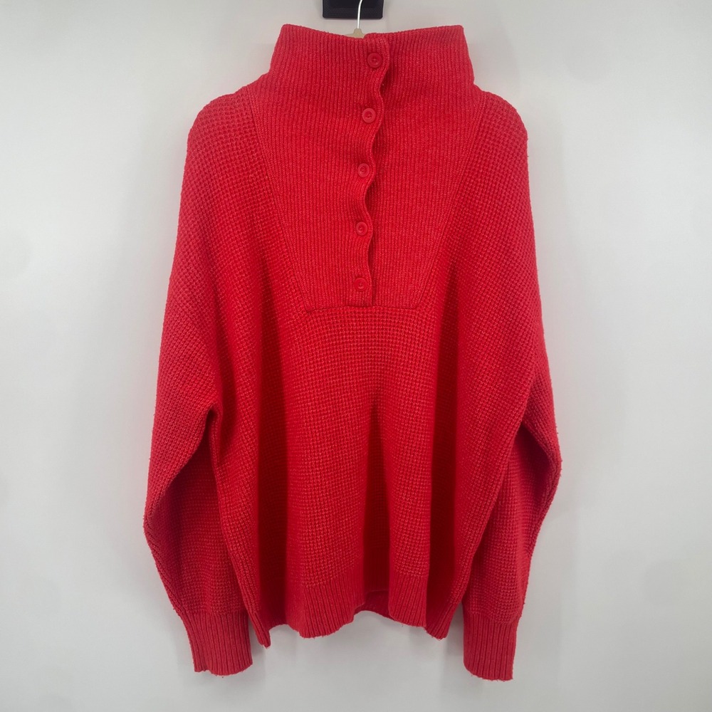 Aerie Sweater Womens Large Orange Button Mock Neck Waffle Knit Pullover